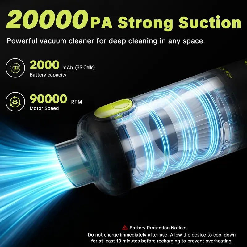 Portable Cordless Handheld Car Vacuum | 20000Pa 2-in-1 Vacuum & Air Duster, 100W Brushless Motor, 6000mAh Battery for Home, Car & Pet Cleaning
