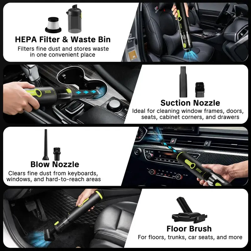 Portable Cordless Handheld Car Vacuum | 20000Pa 2-in-1 Vacuum & Air Duster, 100W Brushless Motor, 6000mAh Battery for Home, Car & Pet Cleaning